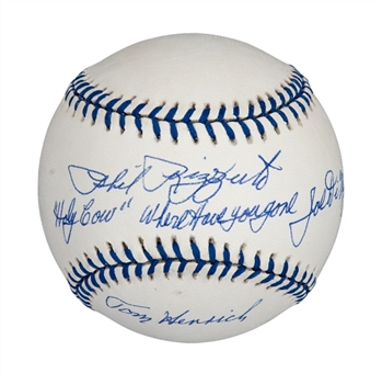 Phil Rizzuto and Tommy Henrich Dual Signed Official Joe DiMaggio Baseball With Two Inscriptions from Rizzuto (PSA/DNA)